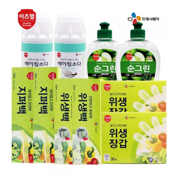 CJ프레시마켓,CJ프레시웨이-순그린사과500ml*2개,베이킹소다500g*2개,위생백50매*2개,지퍼백10매*2개,위생장갑30매*2